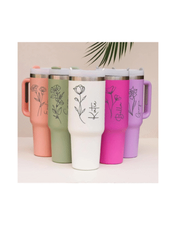 Customized 40oz Tumbler with Handle & Straw, Personalized with Name and Birth Flower