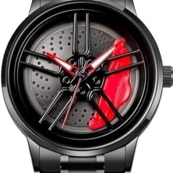 Car Alloy Wheel Spinner Dial Analogue Watch, Black Stainless Steel Band, Red Brake Caliper Design